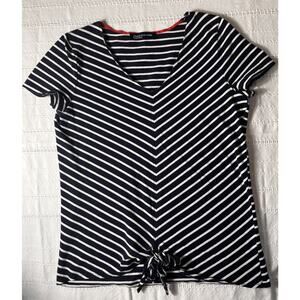 Jones New York Women’s Large Navy White Stripe Tie Front Short Sleeve Top‎